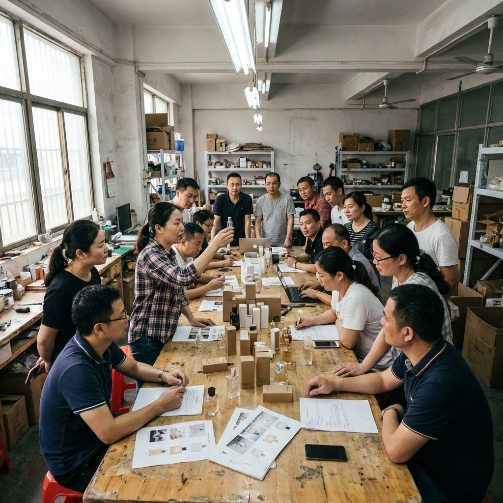 Brand team reviewing perfume development with factory partners