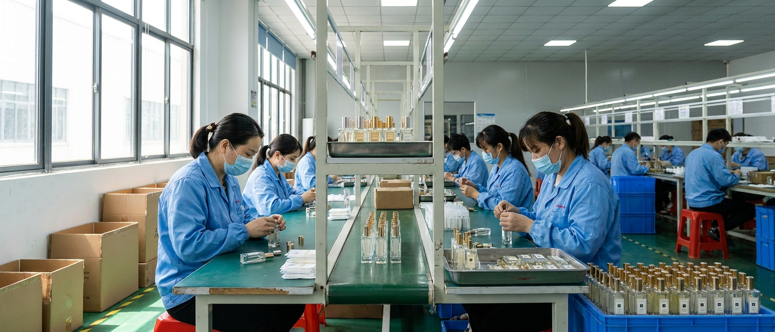 Factory workers and quality control on the perfume production floor