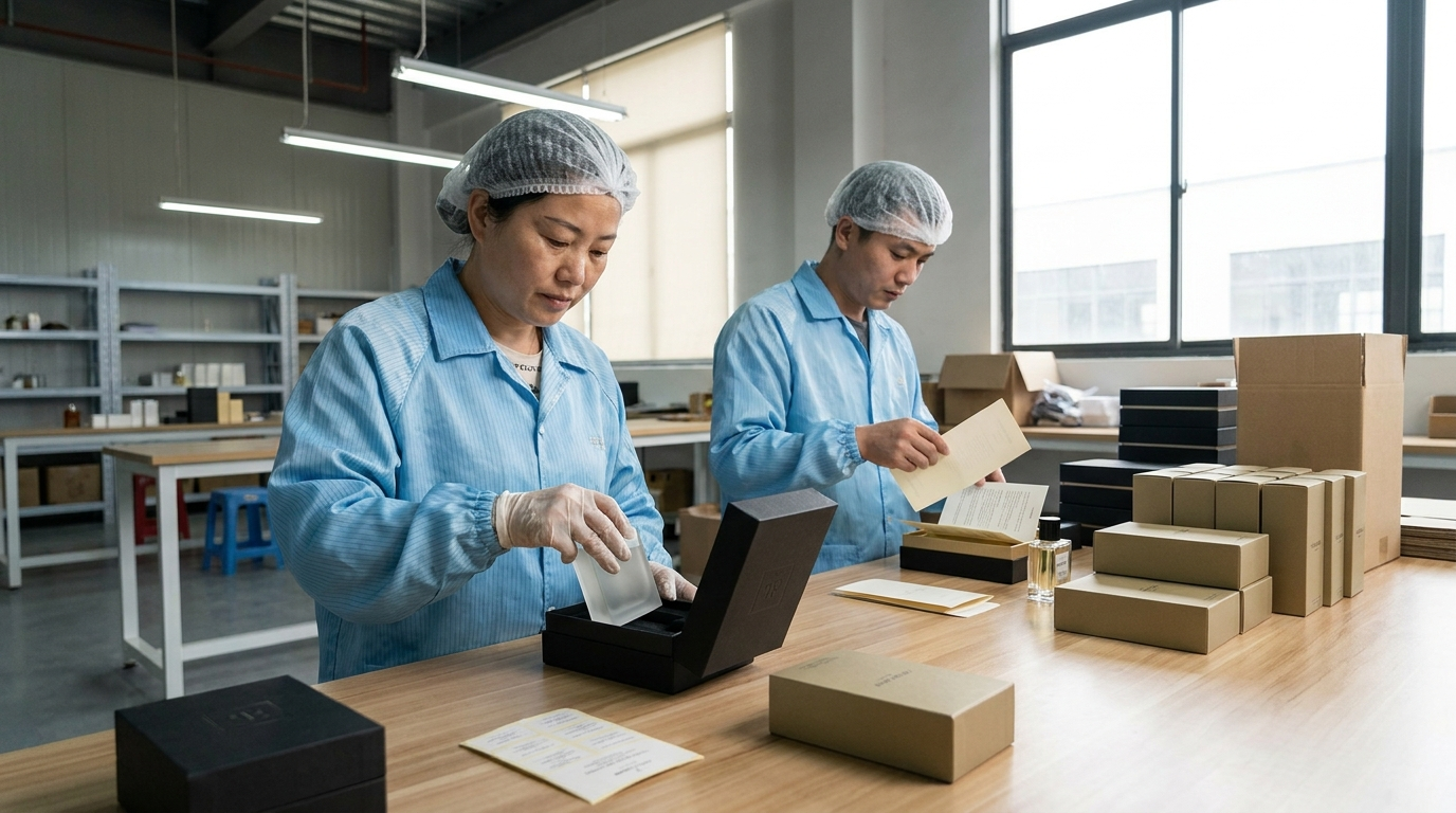 Perfume packaging factory worker assembling luxury rigid boxes