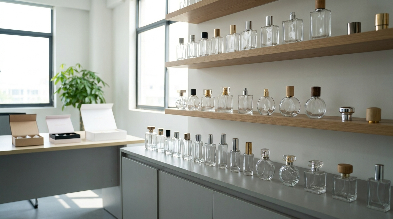 Premium glass perfume bottles — luxury flat lay