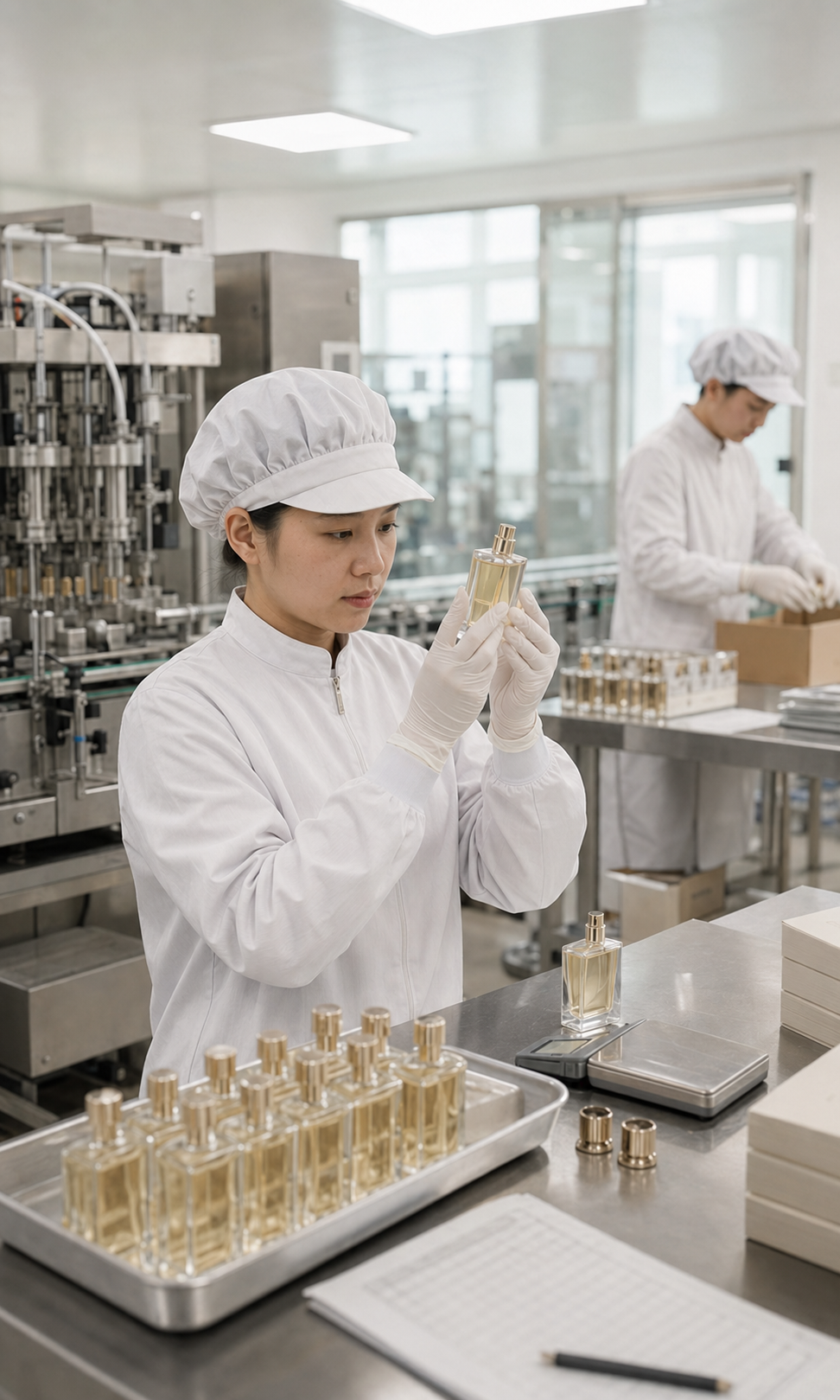 Three production specialists reviewing perfume bottles, caps and packaging samples